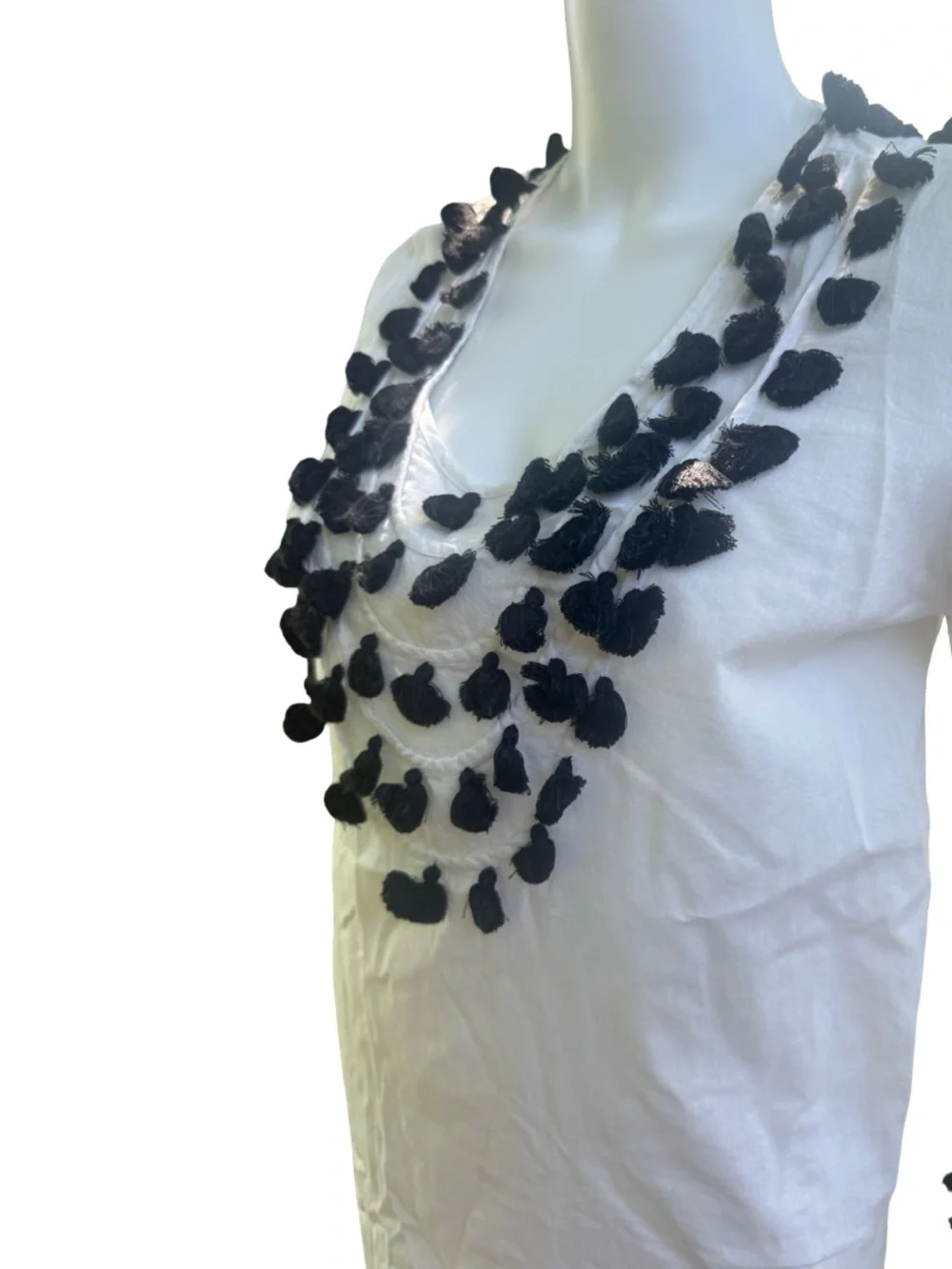 FIGUE (original) White Scoop Neck Top with Black Tassel Embellishment